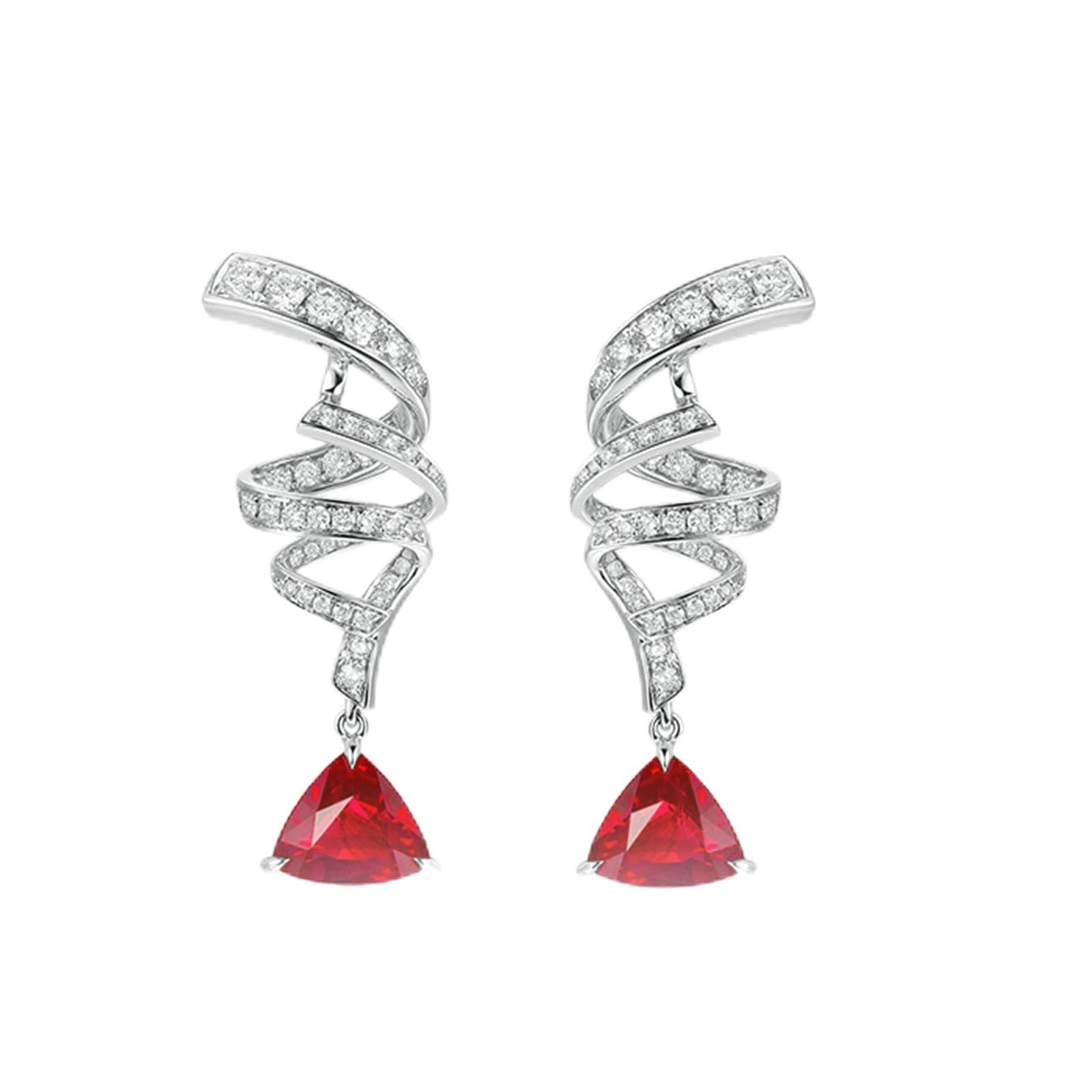 Beydodo Orecchini pendenti in oro bianco 750 585 375, da donna, a spirale, con rubino da 2,44 carati e diamanti, senza nichel, in bijouterie