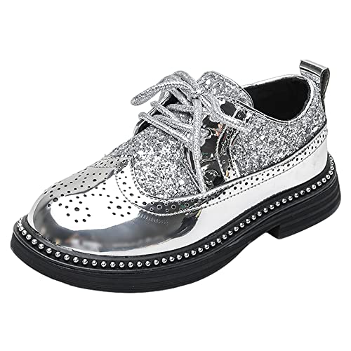 rismart rismart Silver Sequin Lace-up Oxfords for Boys & Girls Wingtip Brogue Dress Shoes for School Wedding Birthday Party, 4 Little Kid