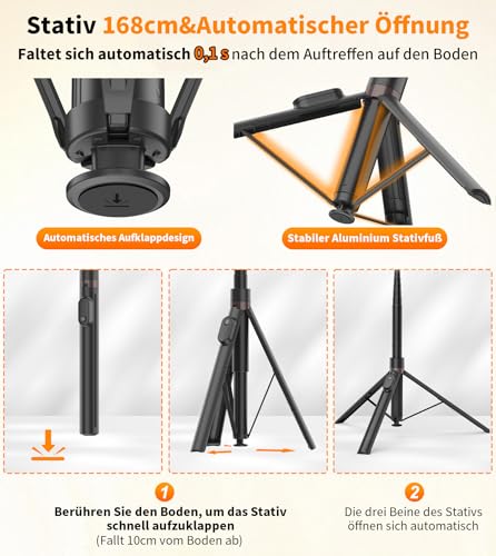 TONEOF 168cm Automatisches Selfie Stick Handy Stativ, Handy Halterung mit Magnetischer Wiederaufladbarer Fernbedienung,360° Drehbar Stativköpfe Ständer mit 2 Rotationsachsen für iPhone/Android–Schwarz