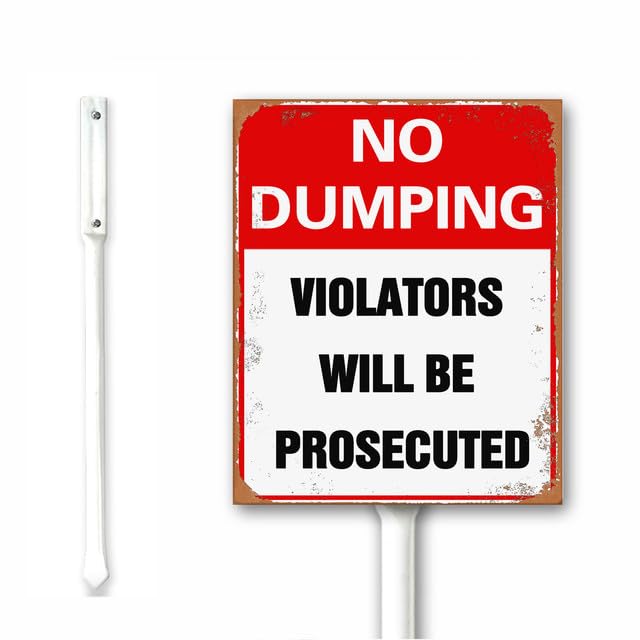 Rustic No Dumping Sign with Stake Violators Will Be Prosecuted, Warning Sign for Neighborhoods Lawn Garden Yard, 18X22 CM Aluminum Sign Rust Free Weatherproof Outdoor Use