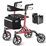 WALK MATE Rollator Walker for Seniors with Cup Holder, Upgraded Thumb Press Button for Height Adjustment, 4 x 8 Wheels Walker with Seat Padded Backrest Folding Lightweight Walking Aid, Red