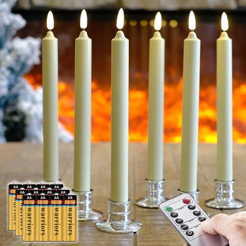 Set of 6 Flameless Ivory Wax Windows Candles with 12 AA Batteries(Include, Run More Than 400 Hours) and 6 Sliver Candlesticks.10 Inch, Flickering Battery Operated LED Candle Lights, Remote/Timer