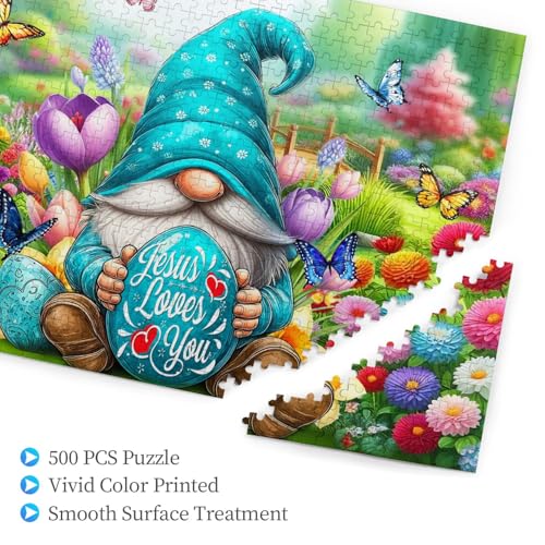 Easter Puzzles for Adults 500 Pieces Gnome Eggs Jigsaw Puzzle for Adults Cute Rabbit with Spring Flowers Wooden Puzzle Easter Gifts Basket Stuffers - image 2