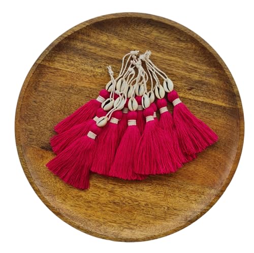 Image of Zippy Flora Handmade Cotton Tassels with Cowrie Shells for DIY & Crafts Project, Pack of 10 (Dark Pink)