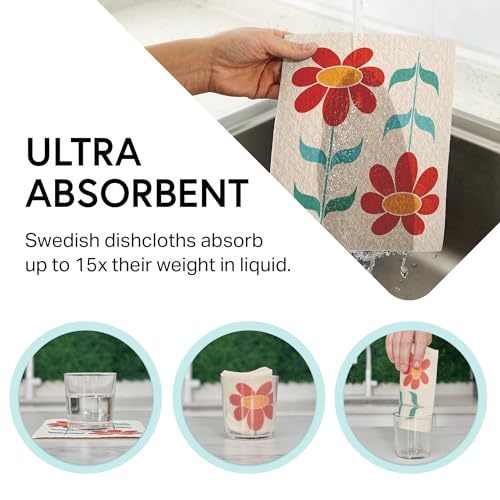Image of Swedish Wholesale Dishcloths Reusable 8 inch x 7 inch Sponge Cloths, Bulk 10 Pack of High Absorbent Cellulose Dish & Kitchen Cleaning Hand Towels, Wring to Dry & Machine Wash, Odor Resistant, Red Flower