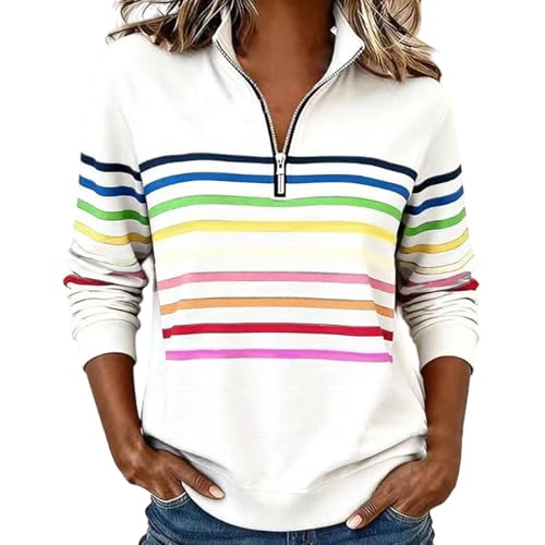 Jersey a rayas con media cremallera, suave y de manga larga, ideal para otoño e invierno, Blanco, XL