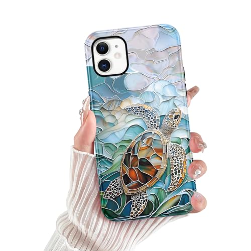 lioscre for iPhone 11 Stained Glass Phone Case 6.1", Aesthetic Blue and Green Turtle Ocean Sea Case Cute Pattern Print Design Cover Anti-Scratch Glossy Prevention Funda for Woman Girls Men