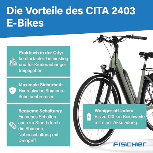 Fischer E-Bike City CITA 2403 Active Elektrofahrrad für Damen und Herren, RH 50, Frontmotor 40 Nm, 48 V Akku