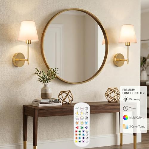 Image of NYRWANA Modern LED Wall Lamp with Remote Control, Multi Color Light, Dimmable Brightness, Timer Function, Wireless Rechargeable Wall Light for Bedroom, Living Room, Bedside Decor (White)