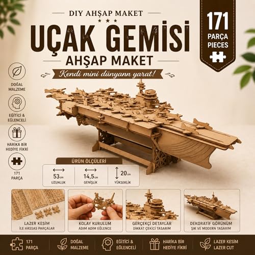 AlgWoodDesign Uçak Gemisi Ahşap Maket Seti 171 Parça, Dıy 3D Puzzle Lazer Kesim Deniz Kuvvetleri Koleksiyoner Modeli