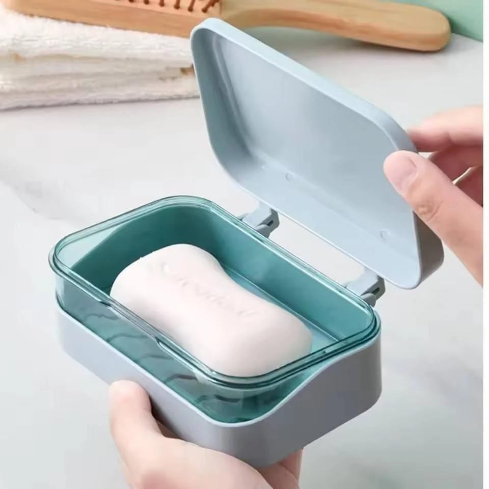 Image of Wall Mounted Soap Box with Flip Cover and Drain Tray | Detachable Inner Support | Adhesive Sticker Installation | ABS Soap Holder for Bathroom (Portable Soap Holder)