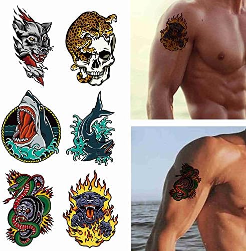 Amazon Com 6 Sheets Temporary Tattoo Men Adults Shark Party Favors Snake Body Face Sleeve Skull Fake Tattoos Beauty Personal Care