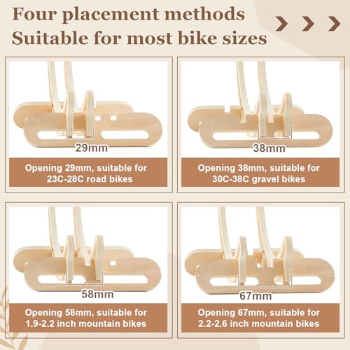 DoubleFill 1 Pack Wooden Stationary Bike Floor Stand Bicycle Indoor Storage 4 Adjustable Sizes Fit Commuter, Mountain, Road, Gravel Bikes Etc, Bike Wheel Wooden Display Stop Suitable for Home (Hollow)