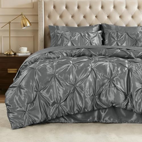 Image of BEDELITE Satin Comforter Set Queen Size, 7 Pieces Pintuck Bed in A Bag with Comforter, Flat Sheet, Fitted Sheet, Pillowcases, Shams, Soft Similar to Silk Bed Set for All Seasons (Dark Grey)