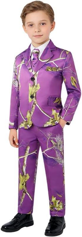 Boys Purple Camo Suit Set 2 Button Blazer Pants Vest with Flip Pockets Tie Dressy Occasion Wear