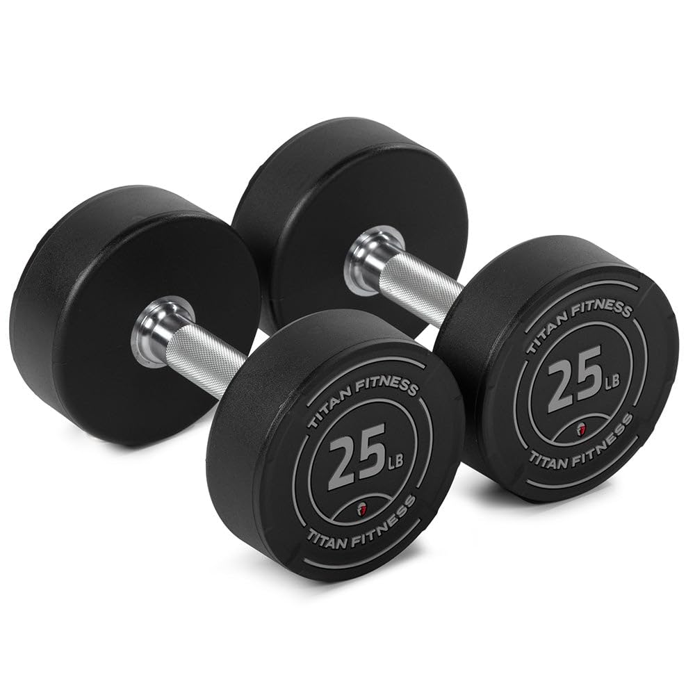 Titan Fitness Round Urethane Dumbbells Medium Volcano Knurling 33mm Grip Easy-to-Read Weight Indicators Free Weights for Strength Training