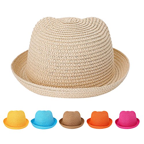 QTKJ Kids Anti-UV Straw Sun Hat Cat Ear Summer Cap for Girl Boys Bucket Hat (Beige)
