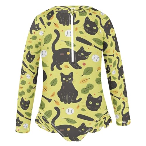 Black Cat on Yellow Girls Long Sleeve Swimsuits One Piece Zipper Bathing Suit UPF 50+ Rashguard Swimwear2