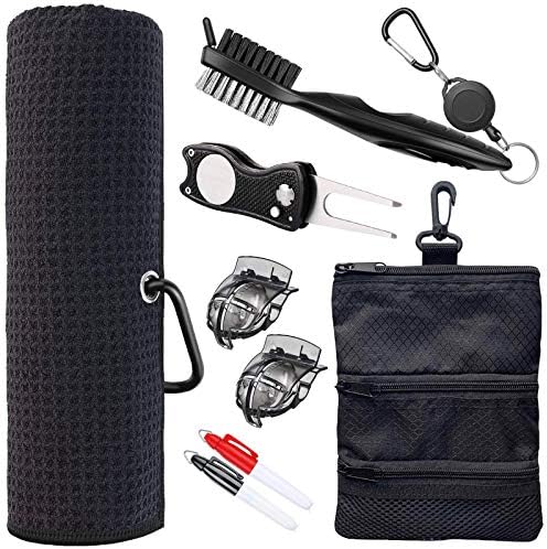 Golf Towel and Tool Accessories Bag KIT - Comes with a Golf Towel, Golf Club Cleaner, Divot Repair Tool, Golf Club Brush, Golf Ball Marker. This are The Perfect Golf Accessories for Men and Women.