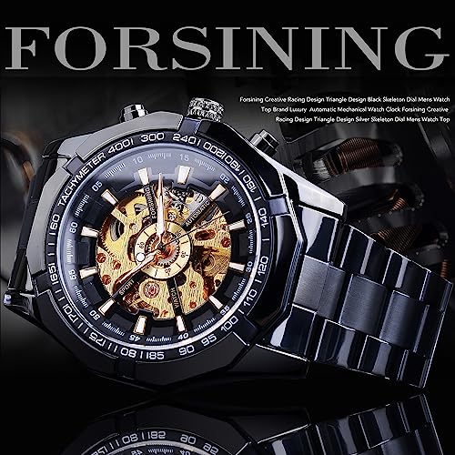 Image of FORSINING Men's Watch Self-wind Skeleton Hollow Out Mechanical Automatic Luxury Watches, Blue Black Stainless Steel Band Waterproof Wristwatch