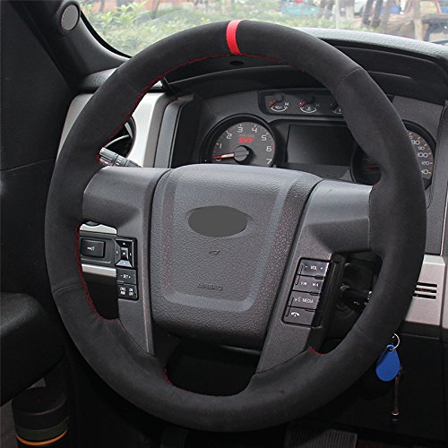 Hand Sewing Black Suede Genuine Leather Steering Wheel Cover for 2010 2011 2012 2013 2014 Ford F150 SVT Raptor (Suede Red Thread)