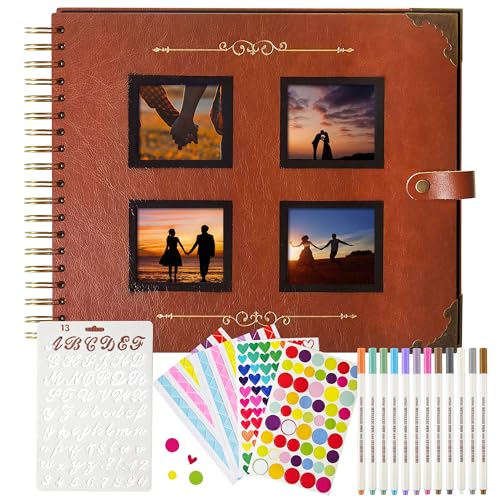 Aurorashop Glow Scrapbook Album 12 x 10 x 0.5, Set of Markers Included Picture Album, Leather Like Material Small Scrapbook, Cover with Several Photos Big Scrapbook, Mahogany Brown Scrapbook Album