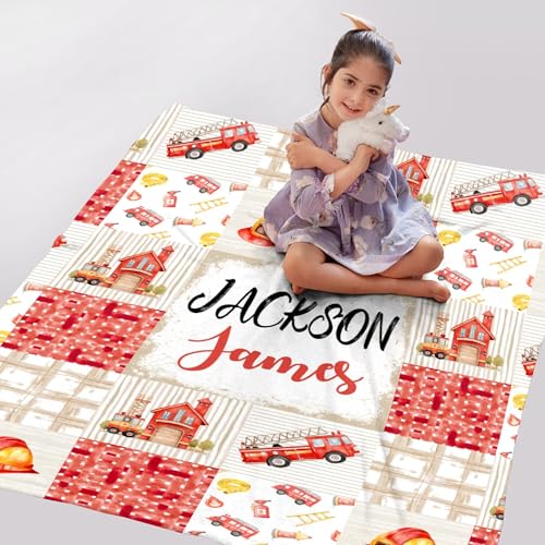 Image of Fire Trucks Firefighter Custom Blanket Gifts Personalized Fire Trucks Throw Blankets for Boys Girls Super Soft Fleece Flannel Air Conditioning Blanket for Couch Bed 50x40 in for Kid