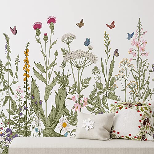 Image of Zonon 6 Pcs Flowers Wall Decals Stickers Vinyl Removable Peel and Stick Colorful Dragonflies Floral Wall Murals Decor for Bedroom Living Room Nursery (Olive Green Flowers)