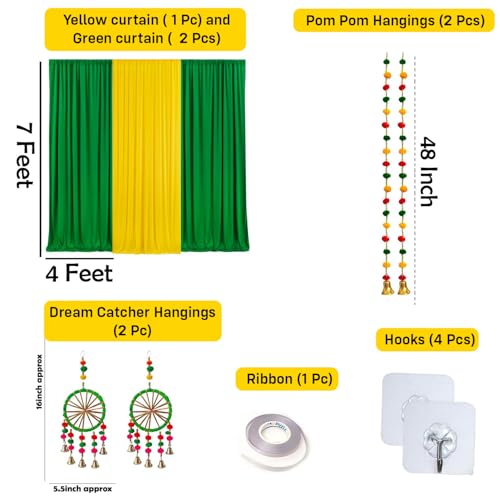 Image of Party Propz Green and Yellow Backdrop Decorations with Pom Pom Hangings - 12Pcs Mehendi Decoration Setup for Home, Haldi Decoration Items for Home, Backdrop Cloth for Decorations Pooja(12Pcs)(Satin)
