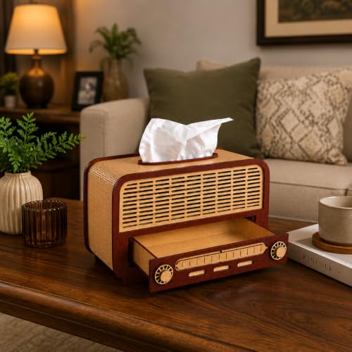 Image of Retro Radio Wooden Tissue Box with Storage Drawer Decorative MDF Tissue Holder for Home & Office