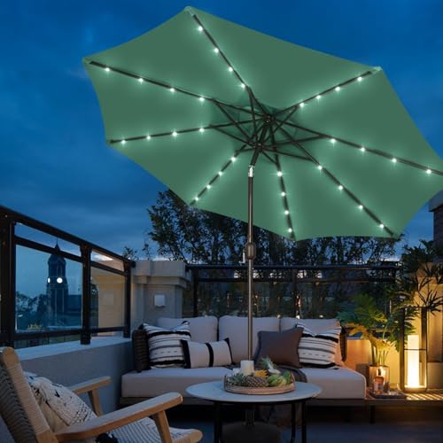 Image of Blissun 9 ft Solar Umbrella, Patio Umbrella with 32 LED Lights, Outdoor Table Market Umbrella for Garden, Deck, Backyard (Seaglass)
