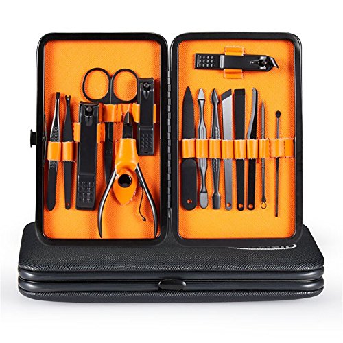 Hmulan Nail Clippers Manicure Pedicure Grooming Kits Travel Set Professional Black Stainless Tools for Hand Foot Facial Care Set of 15pcs (Orange)