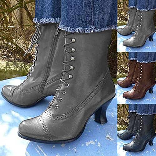 Winter Buckle Women Gothic Boots 50S Vintage Mid Calf Boots Mid Heels Lace Up Studded Witch Boot Cowgirl Boots Gray Square Toe Sandals Women #TOP3