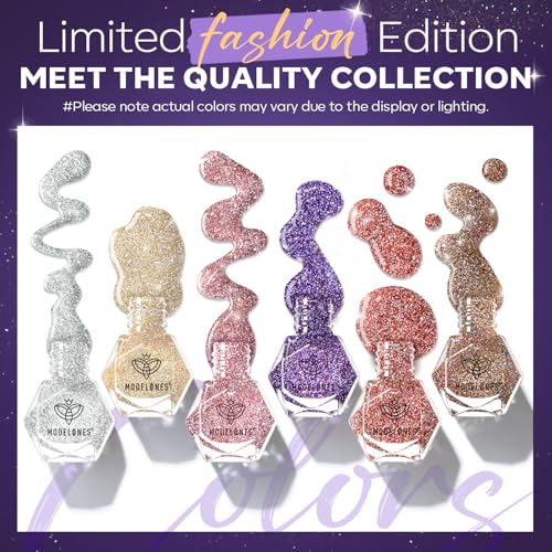 Image of modelones Nail Polish Set 6 Colors Red Nude Gold Glitter Min Nail Polish Set Quick Dry Diamond Silver Sparkle Winter Nail Polish Manicure DIY Nail Art Salon Home Gift for Women Girl
