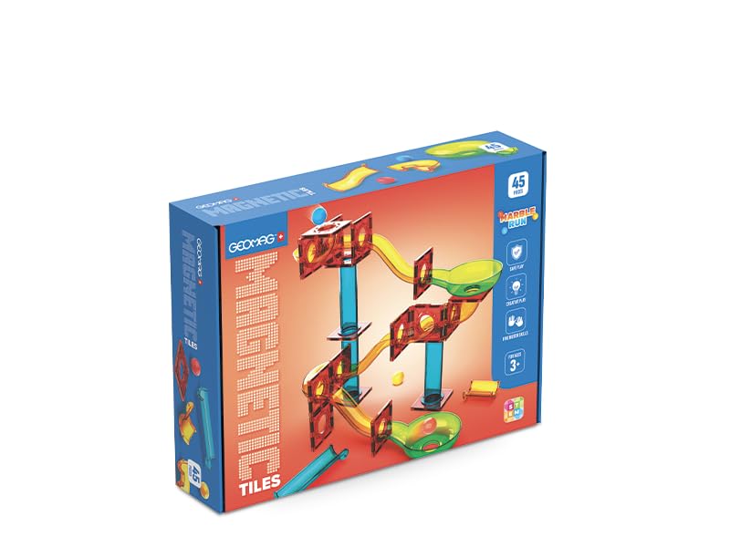 GEOMAG Magnetic Tiles Marble Run 45 szt., geometryczne konstrukcje magnetyczne dla dzieci do budowy 3D i toru kulkowego, zabaw dla dzieci 3 lata +, edukacyjna gra STEM, pomysł na prezent na urodziny
