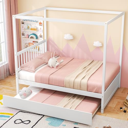 KOMFOTT Wood Canopy Bed with Trundle, Full Size Kids Solid Wood Platform Bed Frame with Headboard, Modern Space Saving Full Bed with Twin Trundle Bed, No Box Spring Needed, Easy Assembly (White)