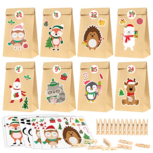 Adventskalender zum Befüllen kinder, 24 tüten Adventskalender, Adventskalender Verpackung, DIY Papiertüten mit 24 Adventskalender Selber Basteln für Kinder Weihnachtstiere Zahlenaufklebern