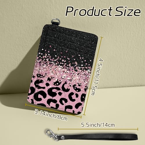 Image of Small Travel Wallets, Pink Glitter Leopard Slim Minimalist Front Pocket Wallet with Wristlet, RFID Blocking PU Leather Credit Card Holder with ID Window Change Purse for Men Women
