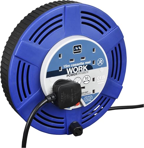 Masterplug Four Socket 15 Metre Cassette Reel Large Extension Lead Cable Reel Wind-Up Retractable Power Cord Reel Thermal Cut Out Work Power Blue/Black 10A 4G 15m LCT1510/4BL