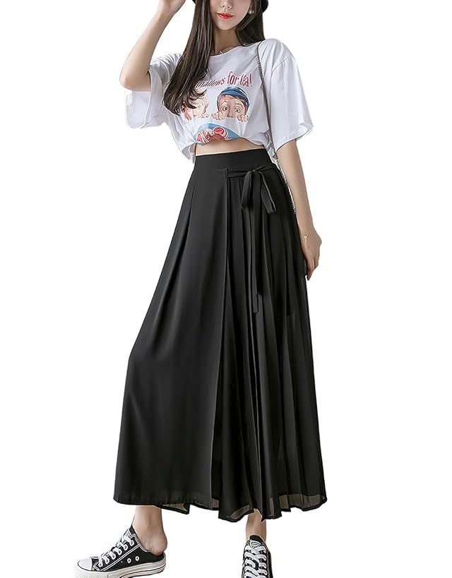 ebossy Womens Elastic High Waist Pleated Front Knot Layered Mesh Chiffon Wide Leg Pant Culottes