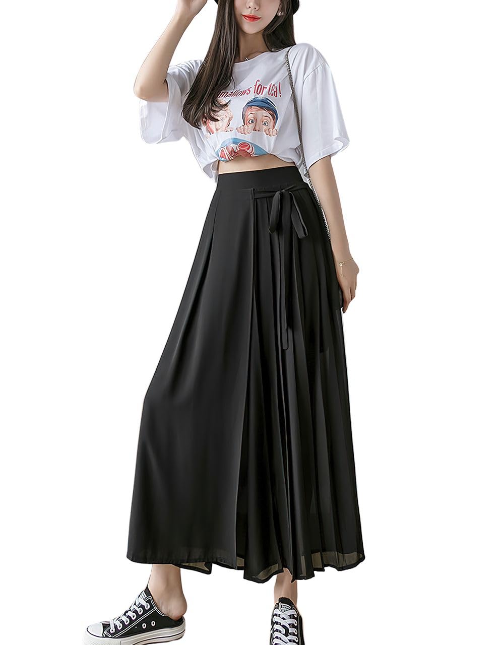 ebossy Womens Elastic High Waist Pleated Front Knot Layered Mesh Chiffon Wide Leg Pant Culottes
