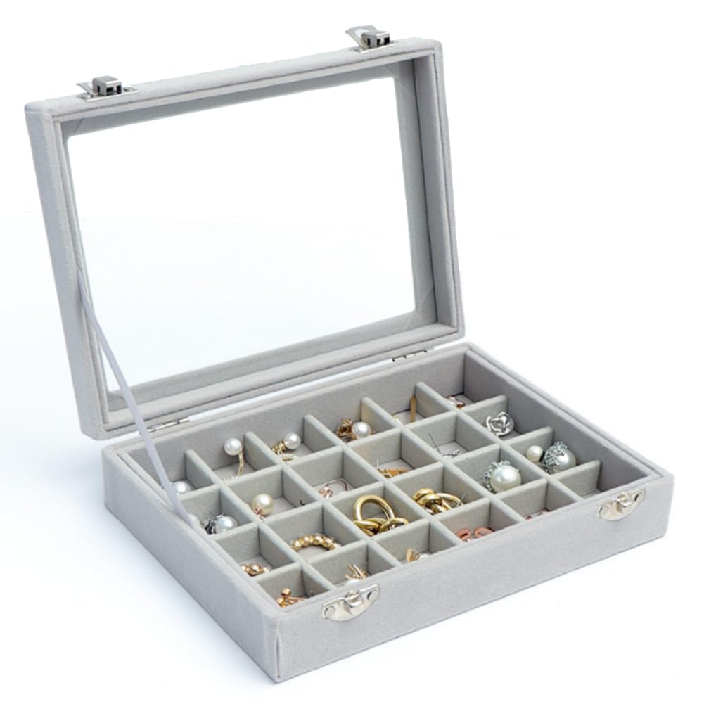 Scatola per gioielli Coperchio trasparente in velluto beige 12/24 Grid Orecchini Organizzatore Conservazione Vassoio per gioielli Espositore Custodia impilabile Vetrina portaoggetti Portatile
