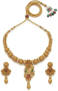 Aahana Jewels Antique Gold Plated Floral Necklace Set for Women | Stainless Steel Temple Jewelry Inspired Long Pendant Cho... Price In India