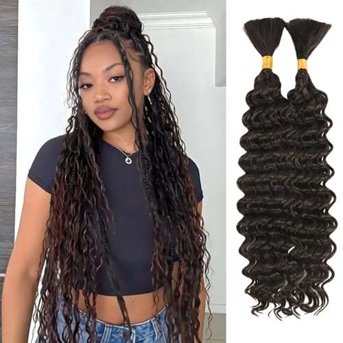 Deep Wave Bulk Hair 2 Bundles/Pack 150g 18 Inch No Weft Deep Wave Bulk Hair for Braiding No Weft Faux Boho Braids Wet and Wavy(4# 18inch 2pc)
