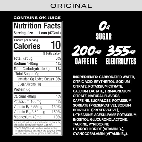 PRIME Energy ORIGINAL, Sugar Free Energy Drink, 200mg Caffeine and 355mg of Electrolytes for Hydration, Low Calorie, Vegan, Gluten Free, 16 Fluid Ounce, 12 Pack
