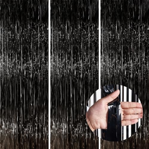 PartyWoo Black Streamers Tinsel Backdrop Curtain 3pcs 8.2ft Foil Fringe Curtain for Black History Month Juneteenth Gothic Wedding Retirement Halloween Cow Print Theme Party Celebration Decorations