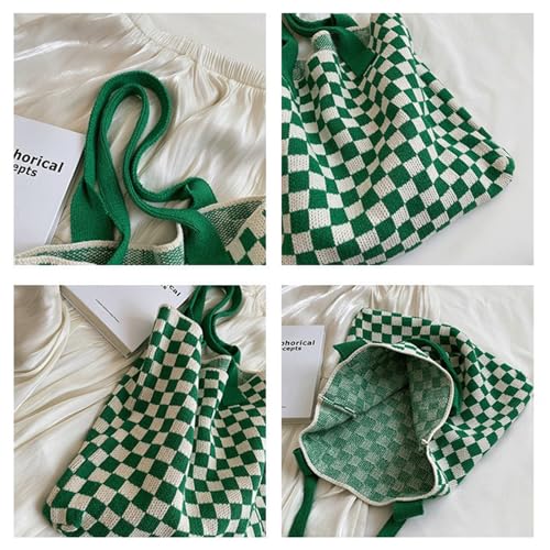 Checkered Shoulder Bag Knitted Christmas Tote Bag for Women Large Colorful Chessboard Shoulder Purse Casual Y2K Grid Handbag4
