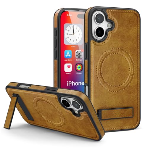 Lunivop Compatibility with iPhone 16 Case Magnetic Kickstand [Compatible with Magsafe ] Wireless Charging PU Leather Stand Rugged Protection for iPhone 16 Phone Cases Best 2024 Brown