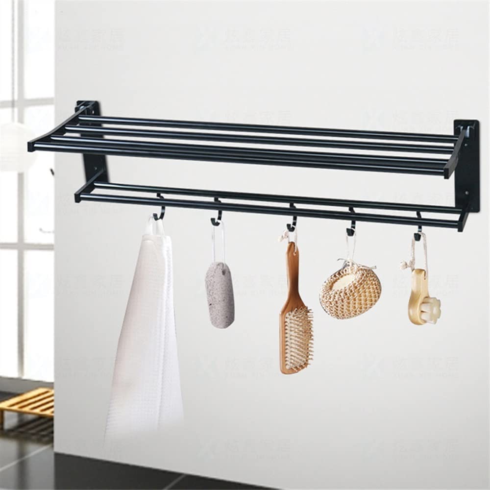 LUCEAEBlack Aluminum Towel Rack, Wall Mounted Shower Room Hanger, Foldable with Hook Towel Storage Holder Bathroom Accessories Shelves