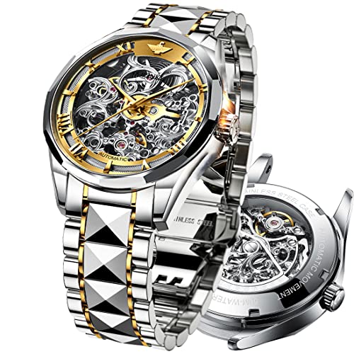 Skeleton Watches for Men Automatic Mechanical Watches 18K Gold Mens Large Face Watches Tungsten Steel Collection Watch Luxury 5ATM Waterproof Sapphire Crystal Wrist Watches